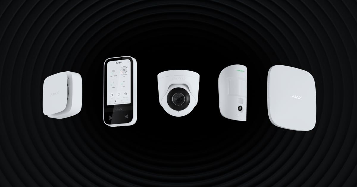 Ajax alarm lineup (motion sensor, keypad, camera, detector, hub) on black