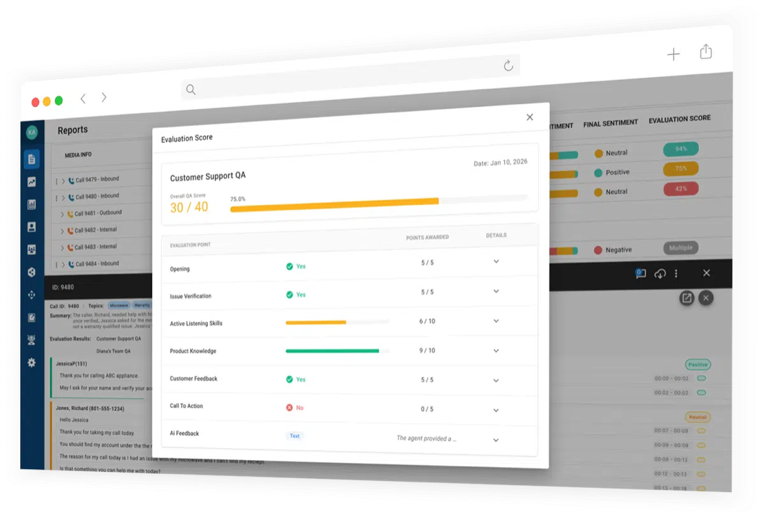 AI quality evaluation scorecard for a customer support call