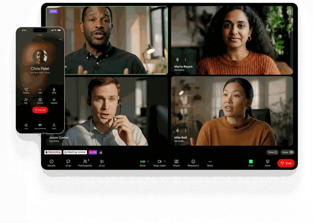 Dialpad video meeting UI on laptop plus mobile call screen (transparent background)
