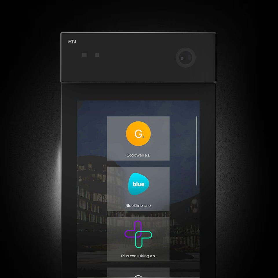 2N IP Style intercom on a dark background showing app tiles