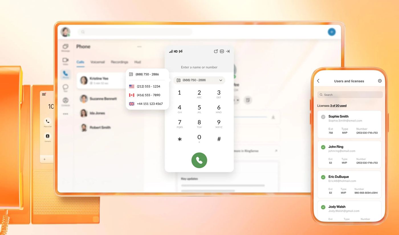 RingCentral phone app UI on desktop and mobile with dial pad, warm gradient background