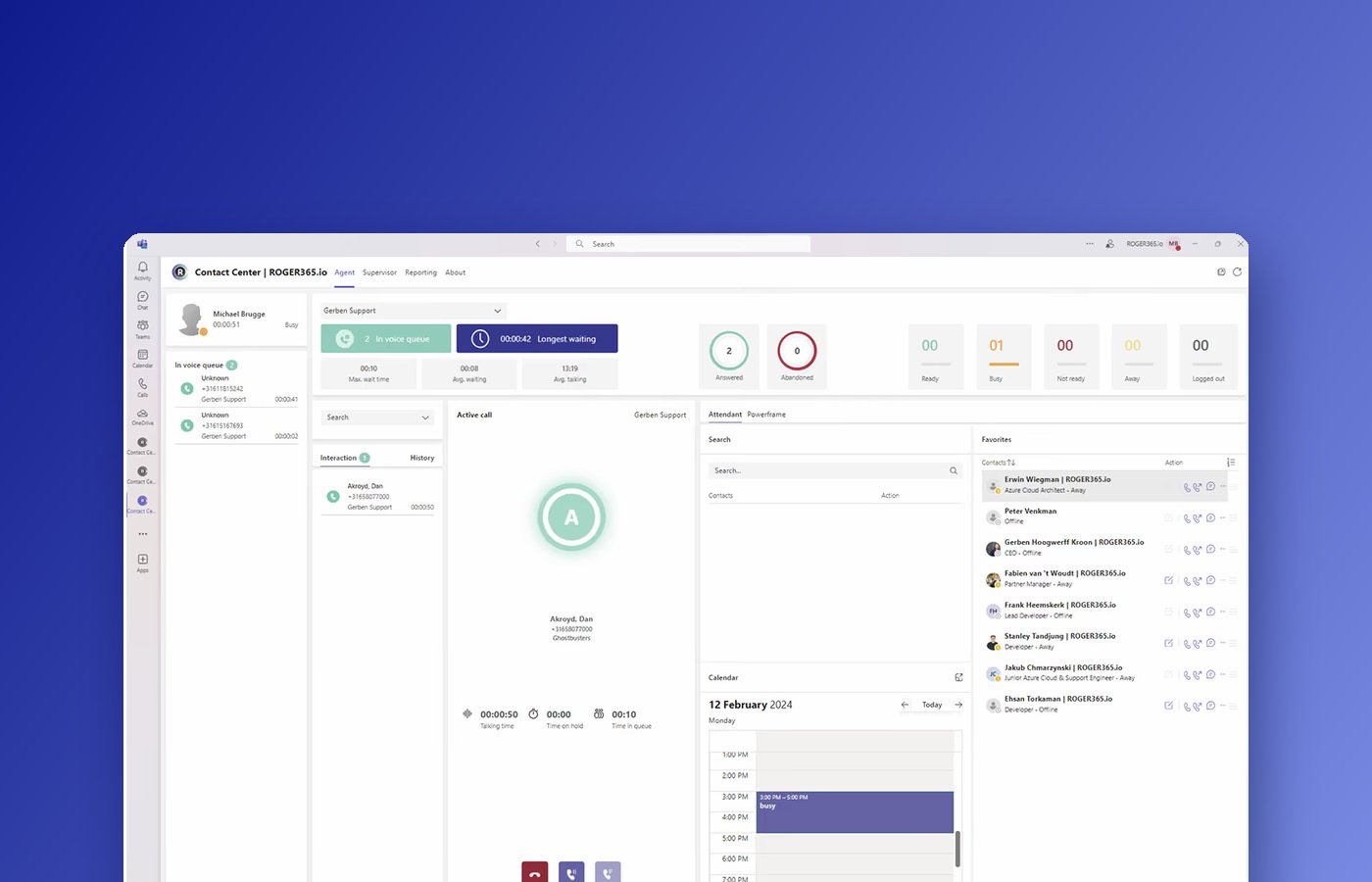 ROGER365 contact centre agent dashboard running inside Microsoft Teams