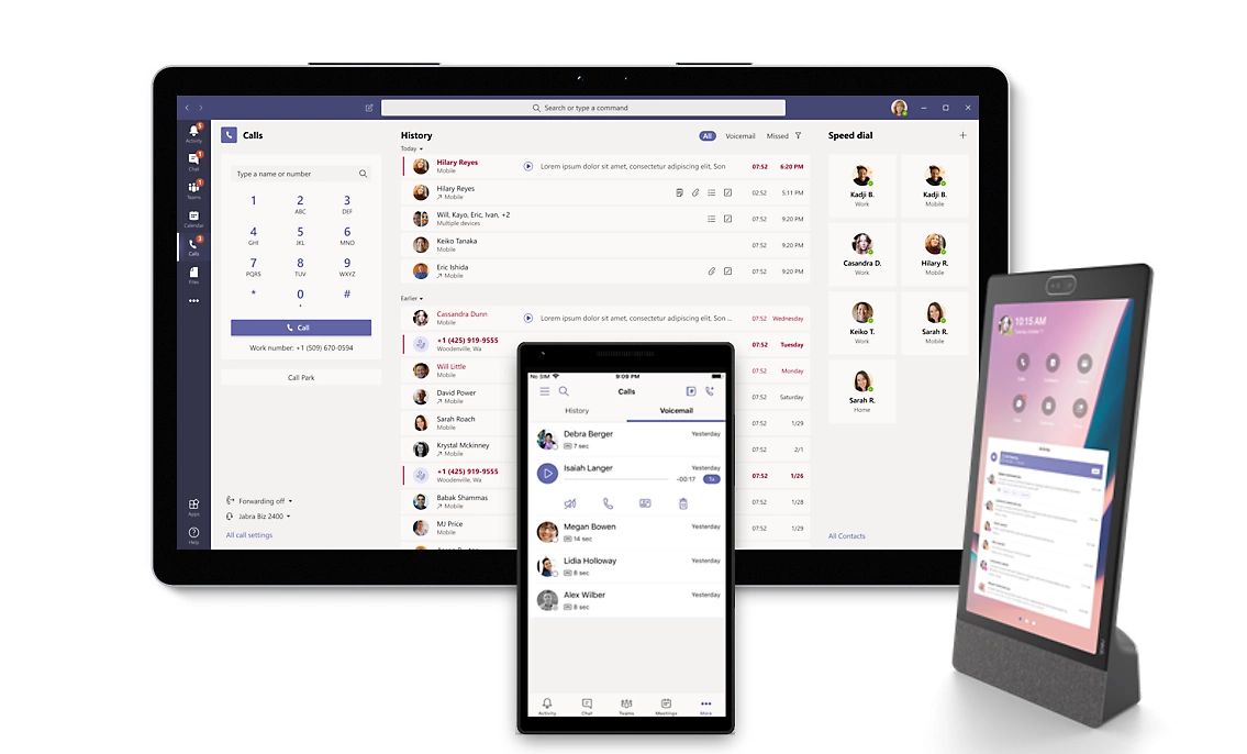 Teams Phone calling UI across monitor, smartphone and Teams desk display