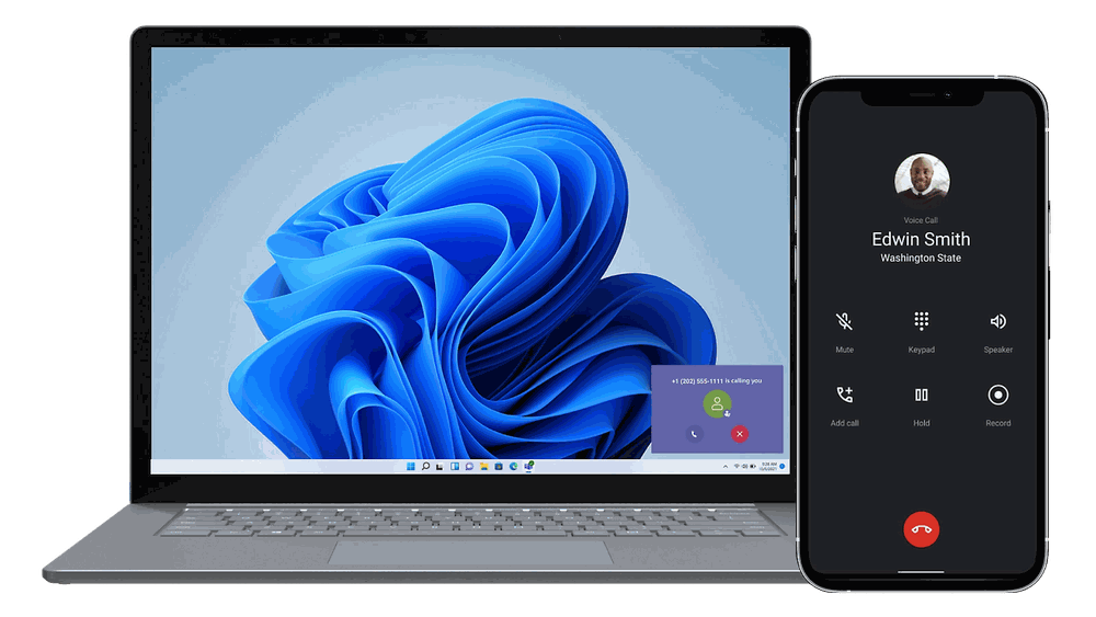 Laptop plus smartphone showing an incoming Microsoft Teams Phone call (transparent background)