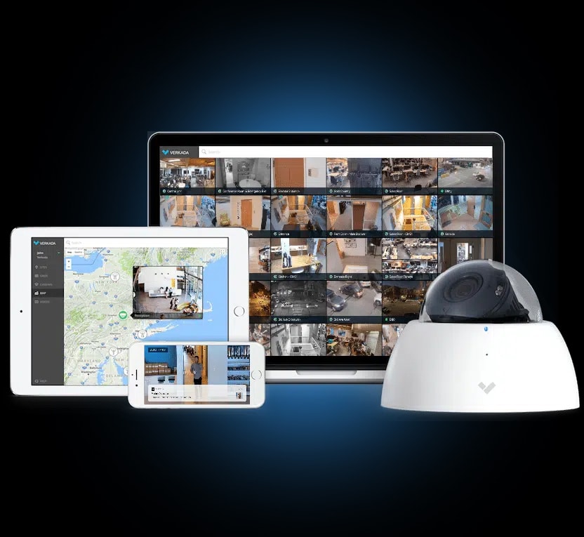 Verkada security platform on laptop, tablet and phone with a dome camera