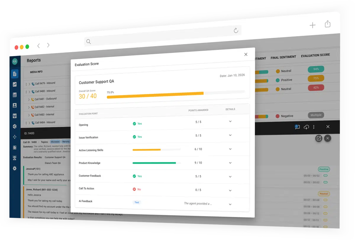 Xima contact centre reports screen with an AI quality evaluation score card