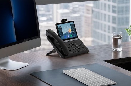 Yealink SIP-T88 smart desk phone on an executive desk by a city-view window