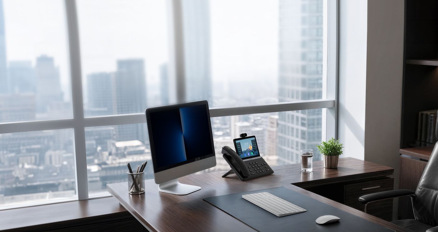 Yealink SIP-T88 smart desk phone on an executive desk by a city-view window